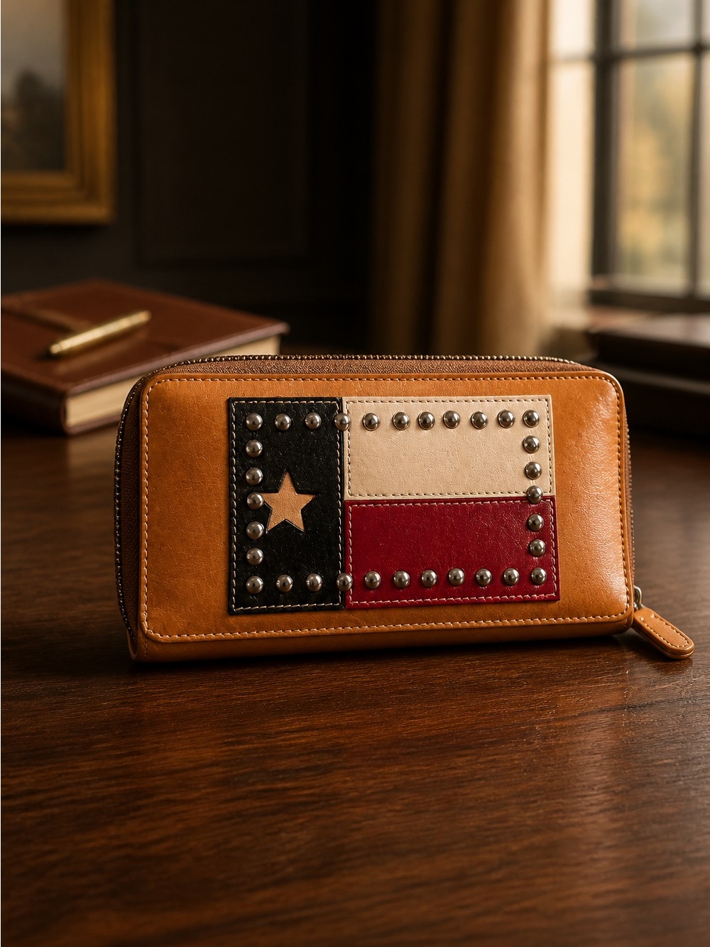Leather Zip Wallet with Studded Flag Accent in Tan